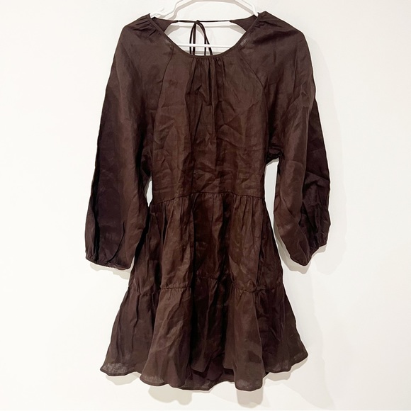 NWT DISSH Lenore Open Back Chocolate Brown Tie Neck Puff Sleeve Linen Dress US 6 - Picture 10 of 12